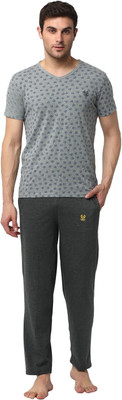MACK JONNEY Men Printed Silver, Grey Top & Pyjama Set