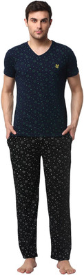 MACK JONNEY Men Printed Dark Blue, Black Top & Pyjama Set