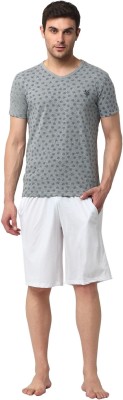 VIMAL JONNEY Men Printed, Solid Silver, White Top & Shorts Set