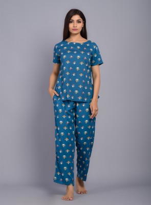 VASVI Women Printed Blue, Light Blue Top & Pyjama Set