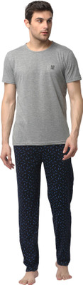 MACK JONNEY Men Printed, Self Design Silver, Dark Blue Top & Pyjama Set