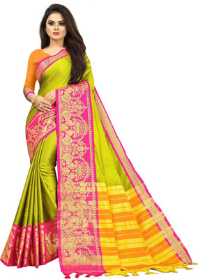 BHAGUDA Woven, Solid/Plain Banarasi Jacquard, Cotton Silk Saree(Light Green)