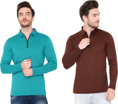 Adorbs Solid Men Polo Neck Green, Brown T-Shirt