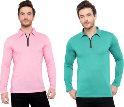 Adorbs Solid Men Polo Neck Pink, Light Green T-Shirt