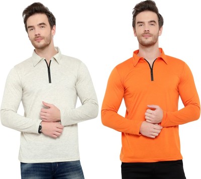 Adorbs Solid Men Polo Neck Orange, Grey T-Shirt