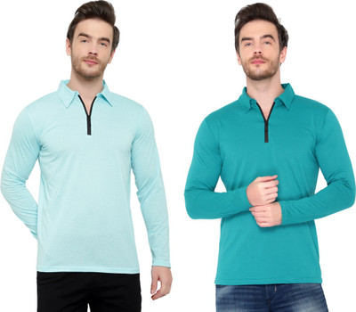 Jangoboy Solid Men Polo Neck Green, Blue T-Shirt