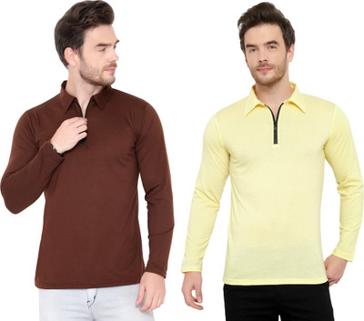 Moordale Solid Men Polo Neck Brown, Yellow T-Shirt