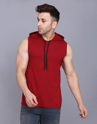 SLOWLORIS Printed Men Hooded Neck Maroon T-Shirt