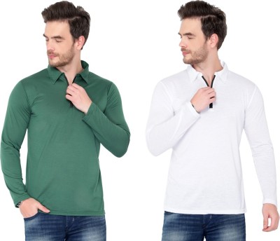 Bribzy Solid Men Polo Neck Dark Green, White T-Shirt