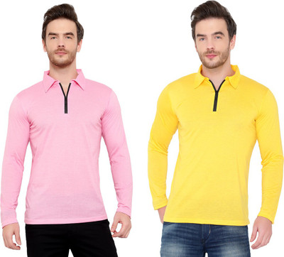 Jangoboy Solid Men Polo Neck Pink, Yellow T-Shirt