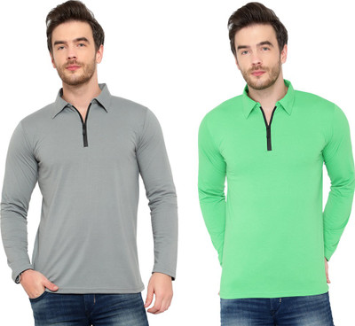 Bribzy Solid Men Polo Neck Silver, Green T-Shirt