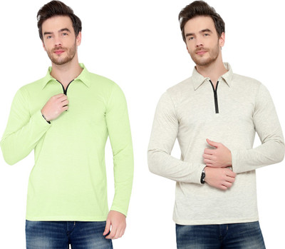 Behemoth Solid Men Polo Neck Green, Grey T-Shirt