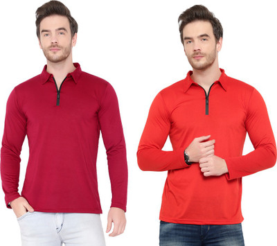 Jaskart Solid Men Polo Neck Red, Maroon T-Shirt