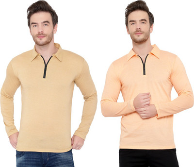Moordale Solid Men Polo Neck Orange, Beige T-Shirt