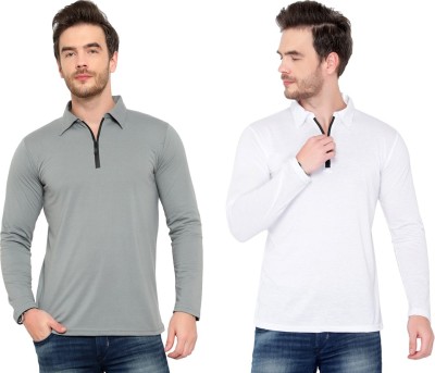 Adorbs Solid Men Polo Neck Silver, White T-Shirt