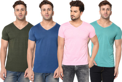 Tivy Solid Men V Neck Multicolor T-Shirt