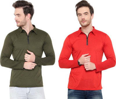 Moordale Solid Men Polo Neck Red, Green T-Shirt