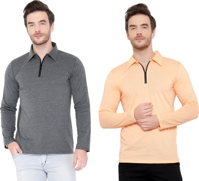 Unite Wear Solid Men Polo Neck Grey, Beige T-Shirt