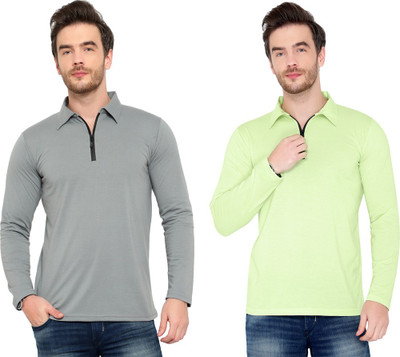 Behemoth Solid Men Polo Neck Silver, Green T-Shirt