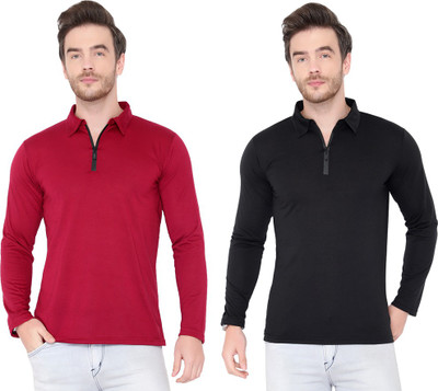 Adorbs Solid Men Polo Neck Maroon, Black T-Shirt