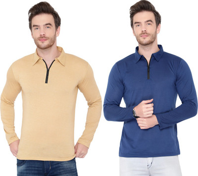 Adorbs Solid Men Polo Neck Blue, Beige T-Shirt