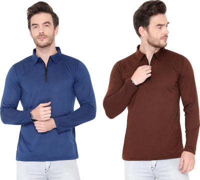 Adorbs Solid Men Polo Neck Dark Blue, Brown T-Shirt