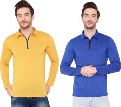 Unite Wear Solid Men Polo Neck Gold, Blue T-Shirt