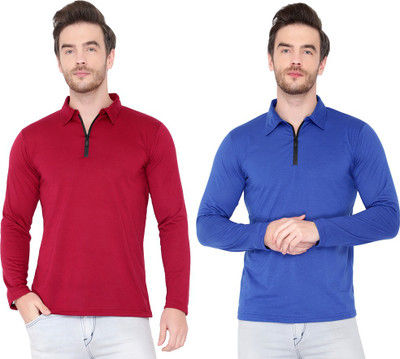 Adorbs Solid Men Polo Neck Maroon, Blue T-Shirt