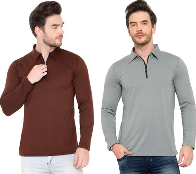Adorbs Solid Men Polo Neck Silver, Brown T-Shirt