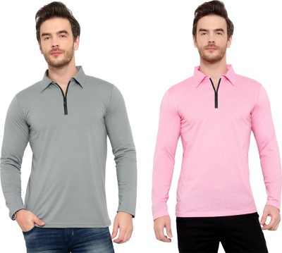 Adorbs Solid Men Polo Neck Silver, Pink T-Shirt