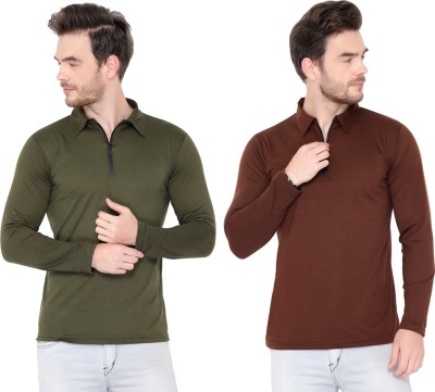 GAGCOBIA Solid Men Polo Neck Green, Brown T-Shirt