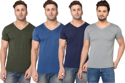 Jaskart Solid Men V Neck Green, Blue, Grey T-Shirt