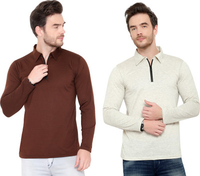 Jangoboy Solid Men Polo Neck Brown, Grey T-Shirt