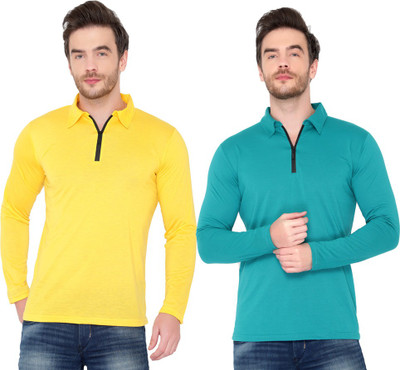 Jangoboy Solid Men Polo Neck Green, Yellow T-Shirt