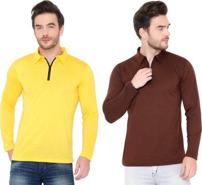 GAGCOBIA Solid Men Polo Neck Brown, Yellow T-Shirt