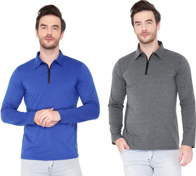 Adorbs Solid Men Polo Neck Blue, Grey T-Shirt