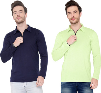 Moordale Solid Men Polo Neck Blue, Light Green T-Shirt