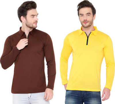 Moordale Solid Men Polo Neck Brown, Yellow T-Shirt