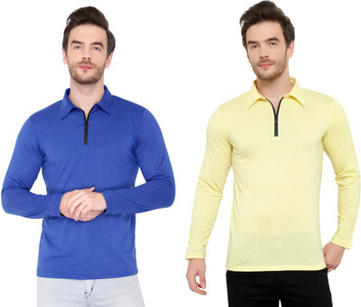 Jangoboy Solid Men Polo Neck Blue, Yellow T-Shirt