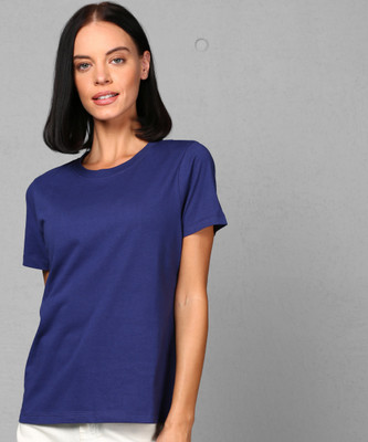METRONAUT Solid Women Round Neck Dark Blue T-Shirt