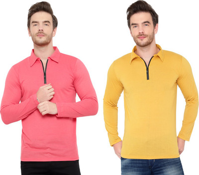 Moordale Solid Men Polo Neck Gold, Pink T-Shirt