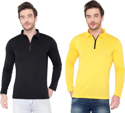 Tivy Solid Men Polo Neck Black, Yellow T-Shirt