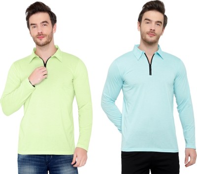 Bribzy Solid Men Polo Neck Green, Blue T-Shirt