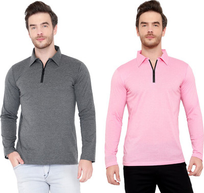 Behemoth Solid Men Polo Neck Pink, Grey T-Shirt