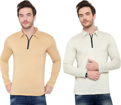 Unite Wear Solid Men Polo Neck Beige, Grey T-Shirt