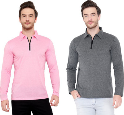 Moordale Solid Men Polo Neck Pink, Grey T-Shirt