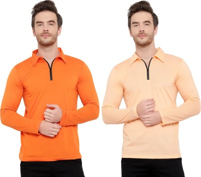 Moordale Solid Men Polo Neck Orange, Beige T-Shirt