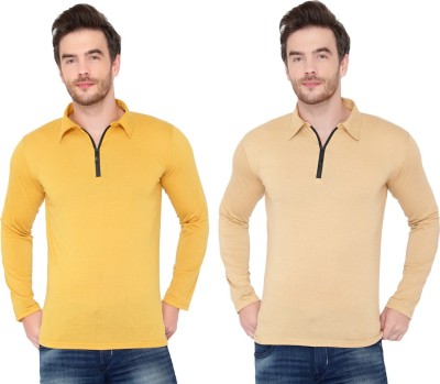 Unite Wear Solid Men Polo Neck Beige, Yellow T-Shirt