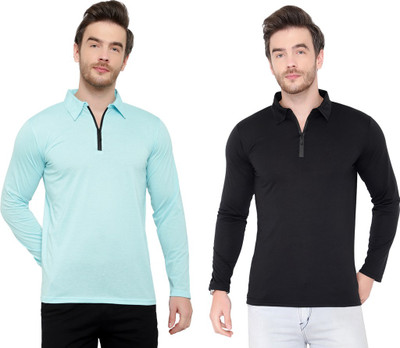 Moordale Solid Men Polo Neck Blue, Black T-Shirt