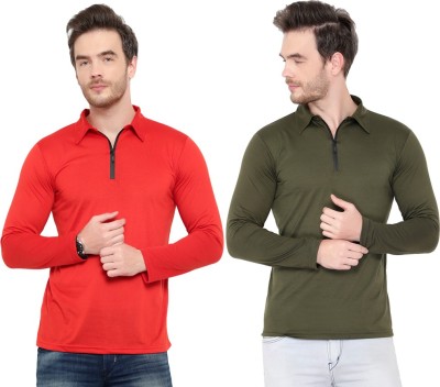 Moordale Solid Men Polo Neck Red, Green T-Shirt